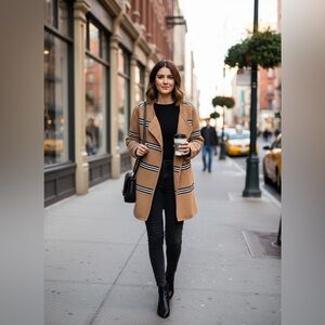 English Factory Tan Textured Coat with Black Accents
